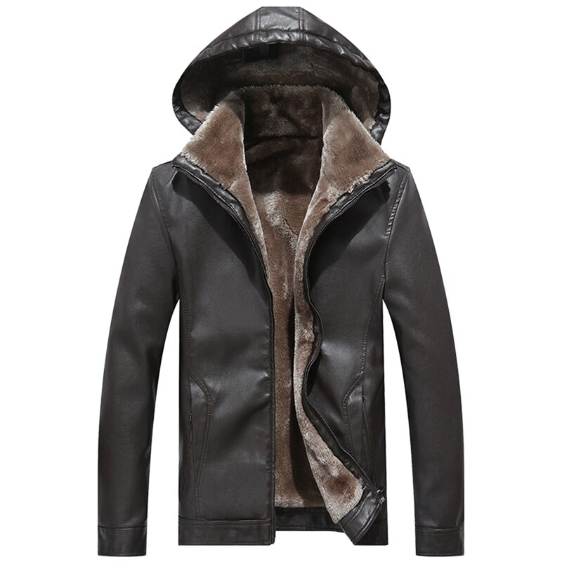 Tanming Men's Winter Warm PU Leather Coat Hooded Faux Leather Jacket