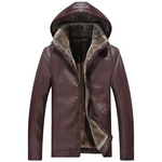 Tanming Men's Winter Warm PU Leather Coat Hooded Faux Leather Jacket