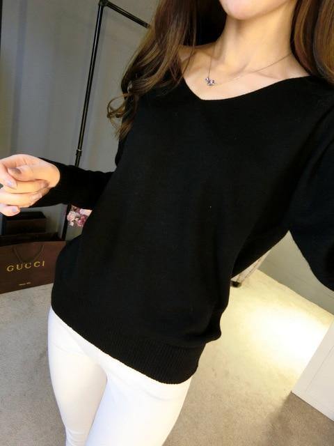v-neck pullover loose 100% wool batwing sleeve plus size knitted tops - soqexpress