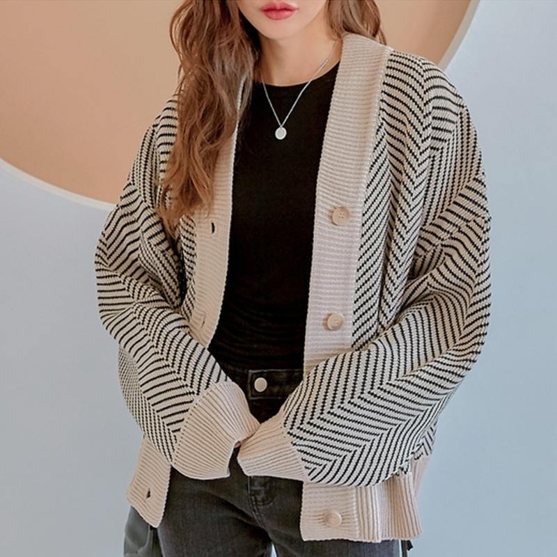 Casual Knitted Cardigan Oversize Button Front Contrast Stripe - soqexpress