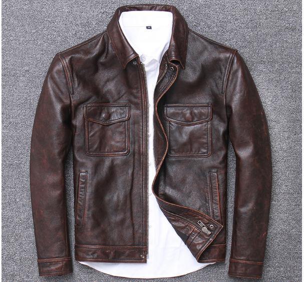 Plus size Genuine leather coat vintage casual leather outwear - soqexpress