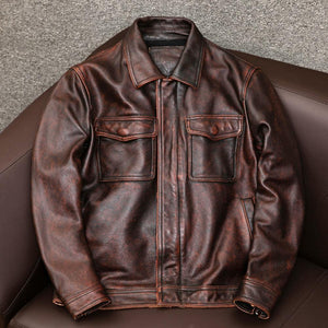 Plus size Genuine leather coat vintage casual leather outwear - soqexpress