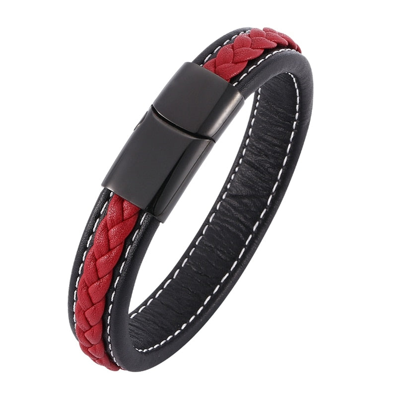 Trendy Mens Bracelets Jewelry Black Red Braided Leather Bracelet Stainless Steel Men Bracelet Jewellery Bangles Male Gift SP0008