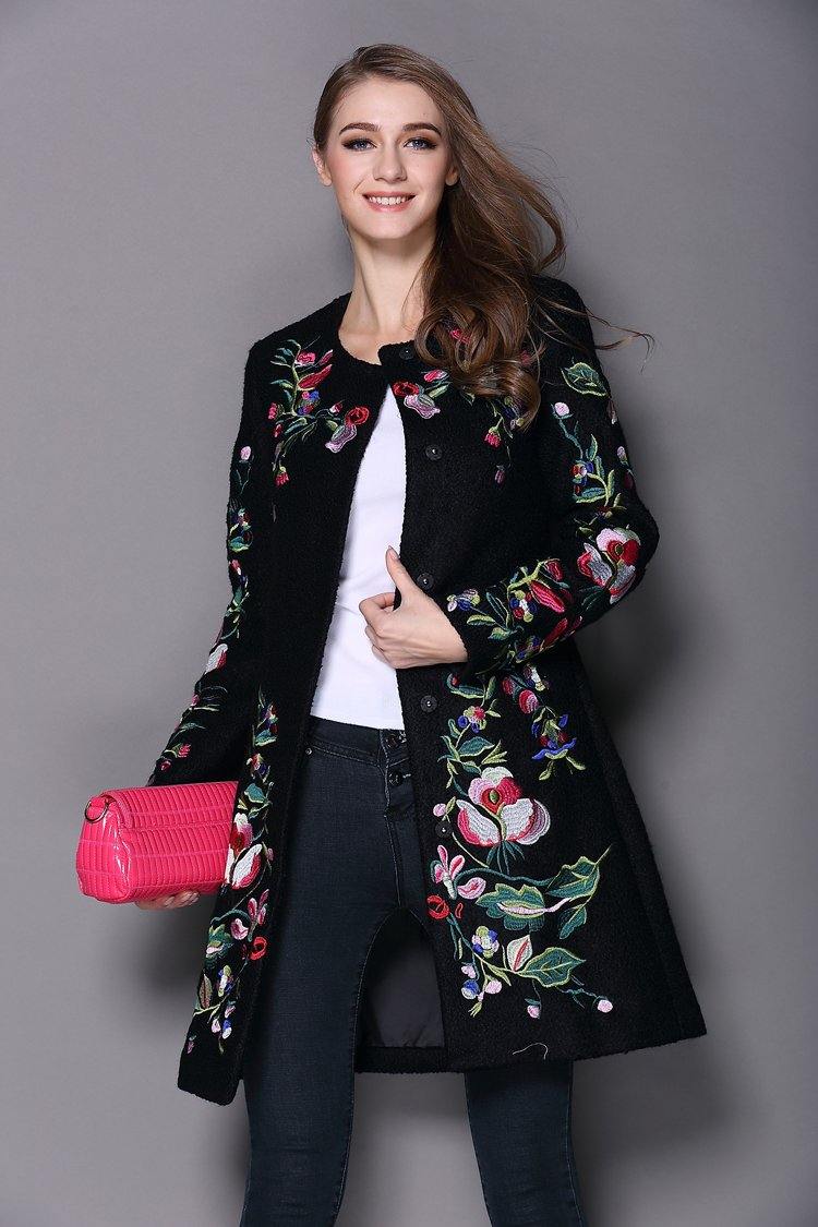Autumn Winter Long Coat Vintage Embroidery Cashmere Trench - soqexpress