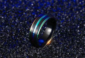 Unisex 7 MM Black Titanium Rainbow Double Groove Ring
