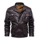 Multi-pocket design Fleece Leather Coat Male