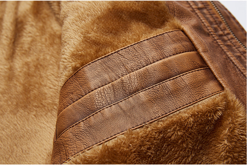 Multi-pocket design Fleece Leather Coat Male