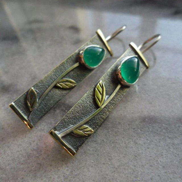 Vintage Plant Leaf Olive Green Resin Stone Earrings Female Tribal Handmade