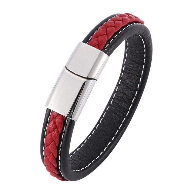 Trendy Mens Bracelets Jewelry Black Red Braided Leather Bracelet Stainless Steel Men Bracelet Jewellery Bangles Male Gift SP0008