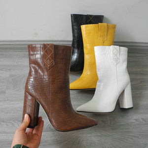 Leather Ankle Boots for Women Square Block Heel