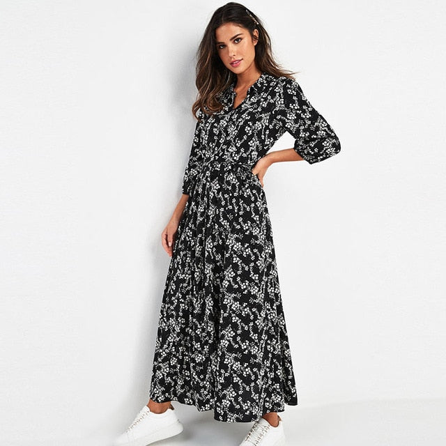 Floral Print Maxi Dress Women Three Quarter Sleeve