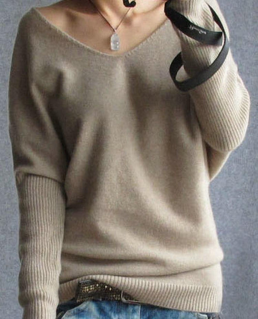 v-neck pullover loose 100% wool batwing sleeve plus size knitted tops - soqexpress