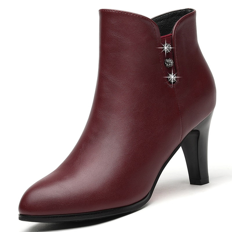 Genuine Leather Crystal Ankle Boots