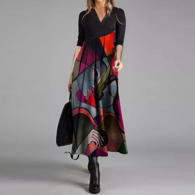 Women Elegant Cross V-Neck Print Dress