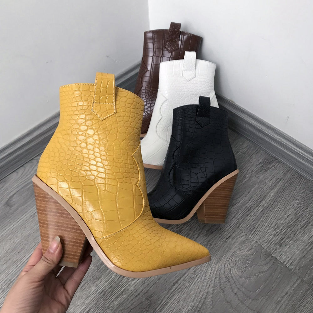 fashion Leather Cowboy  Ankle Boots for Women