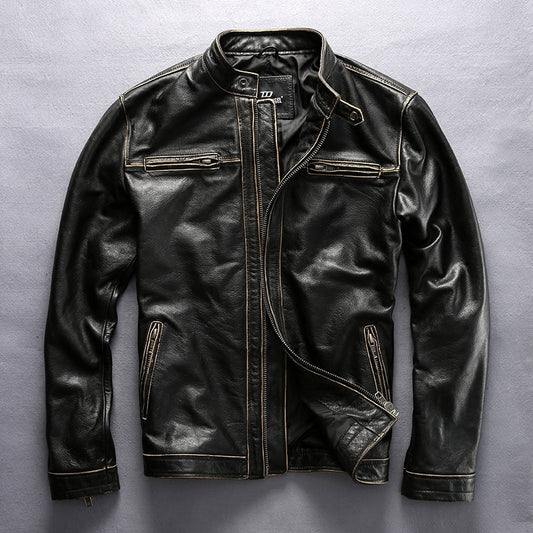 Men's Vintage genuine cowskin motorcycle leather jacket