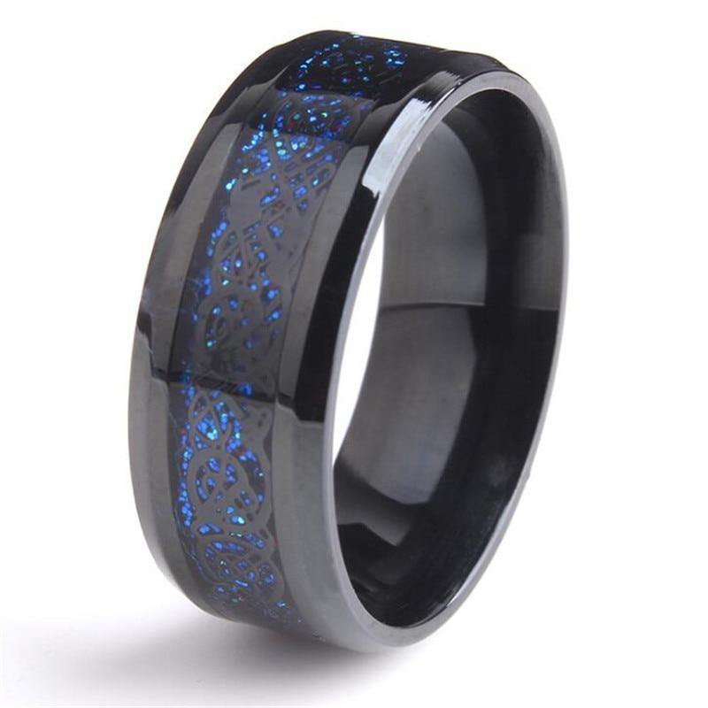 Black 8mm 316L Stainless steel Ring Wedding Band blue Carbon Fiber - soqexpress