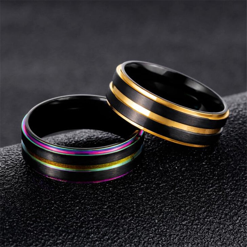 Unisex 7 MM Black Titanium Rainbow Double Groove Ring