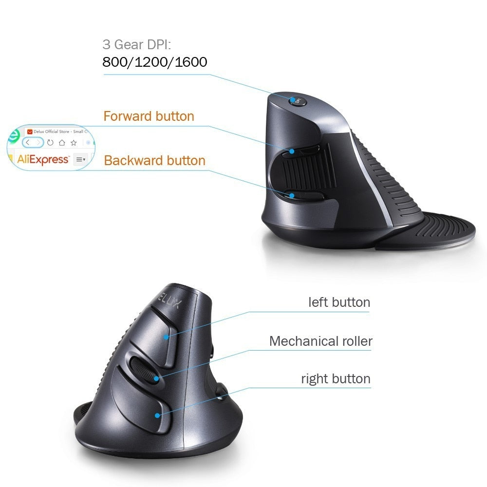 Deluxe Ergonomic Vertical Wireless Mouse 6 Buttons 1600DPI Optical Mouse With 3 Colors