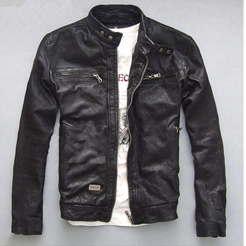 Men's Genuine Leather Jacket Short Slim Motorcycle Jacket