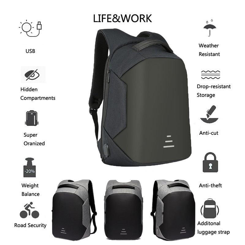 Waterproof bag USB Charging Backpack Headphone plug Anti-theft 15.6" Laptop Backpack