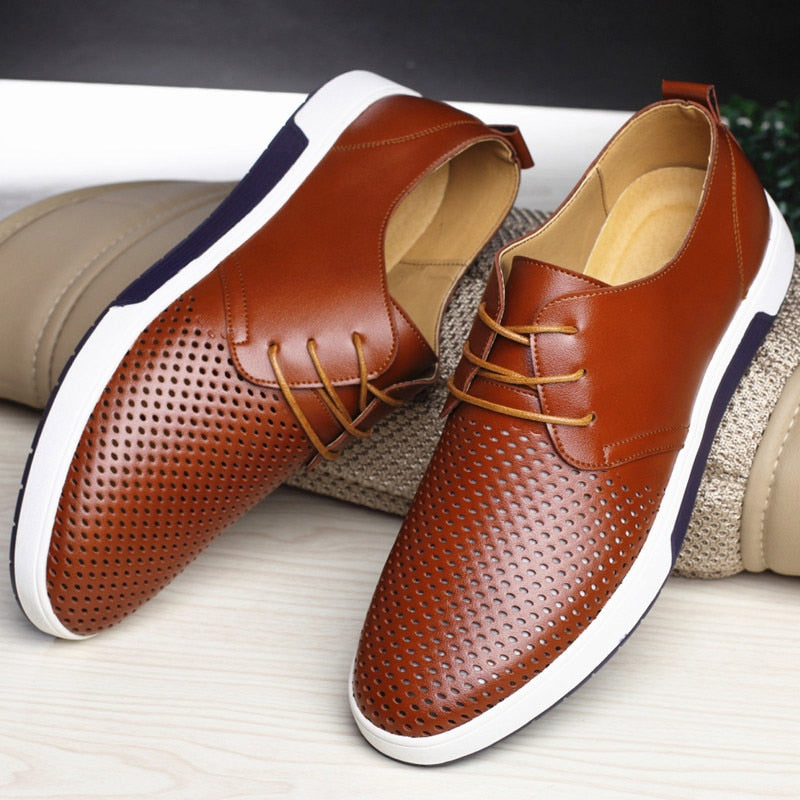 Men Casual Shoes Leather Summer Breathable Holes